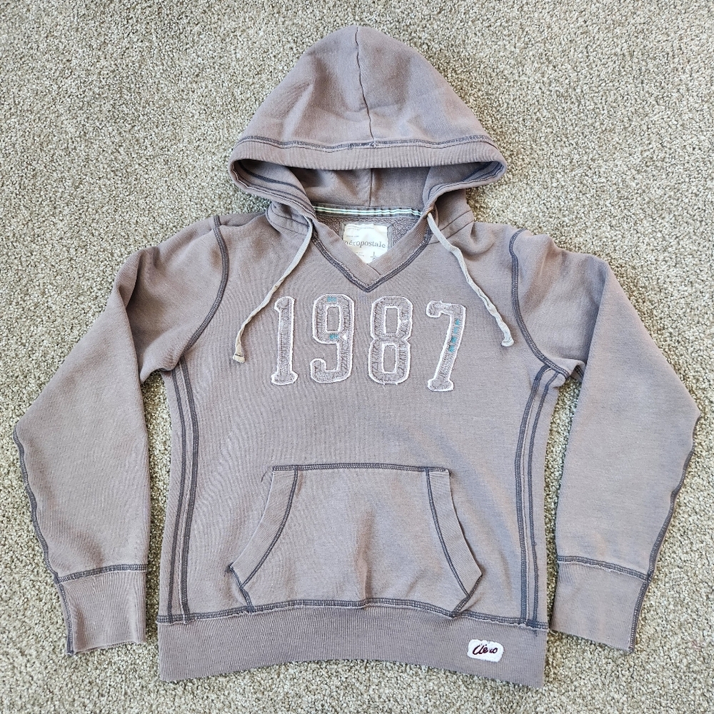 LIKE NEW Aeropostale Gray Hoodie with Teal Accents Size L Rough Sewn on Numbers